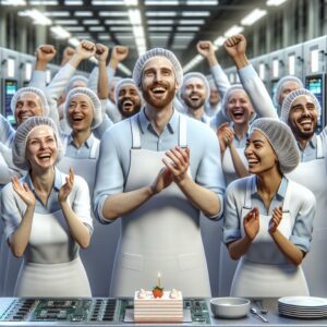 "Semiconductor factory workers celebrating"