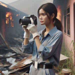 Person surveying fire damage.