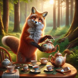 "Friendly fox serving tea"