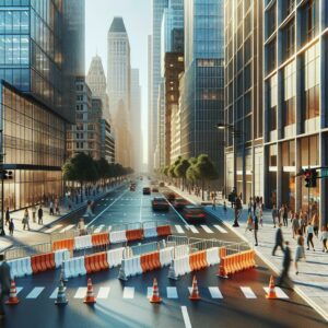 Pedestrian safety barricades downtown.