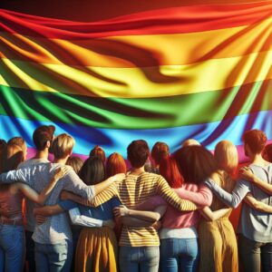 Rainbow flag group hug.