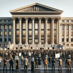 Protesters outside government building.