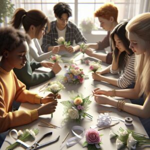 Teens making DIY corsages.