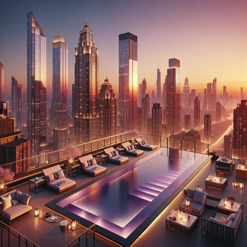 Luxury rooftop cityscape sunset.