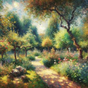 Impressionist garden painting scene.