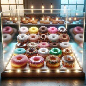 Fluffy doughnuts on display.