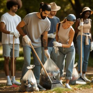 Park cleanup volunteers working.