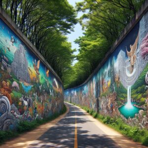 Colorful murals along trail.