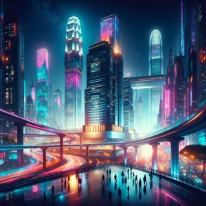 Colorful futuristic cityscape performance.