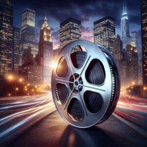 film reel and city