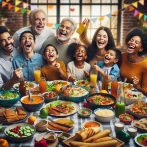 "Family enjoying Latin feast"