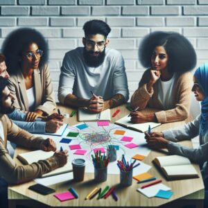 Diverse group brainstorming together.