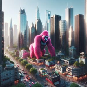 Cityscape with pink gorilla.