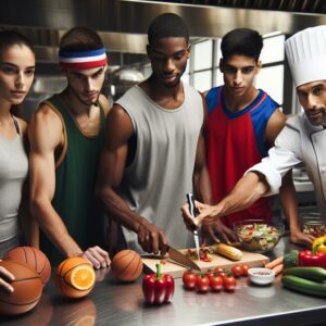 Athletes cooking with chef.