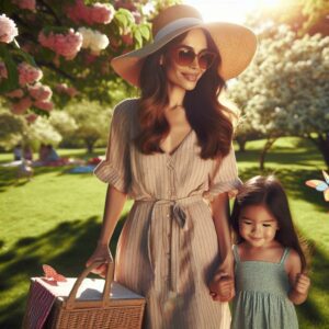 Mother and child outdoors.