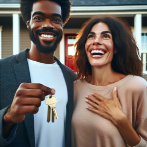 "Happy couple buying home"