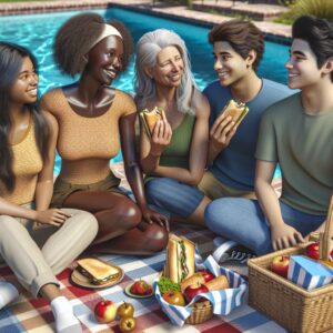 Family enjoying poolside picnic.