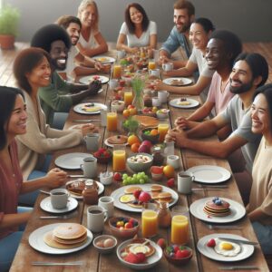 Supportive group brunch gathering.