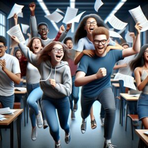 Students celebrating exam results.