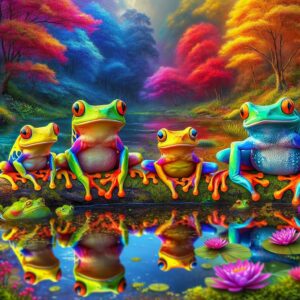 Rainbow frog family art.