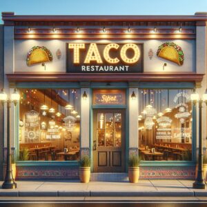 Taco restaurant exterior facade.