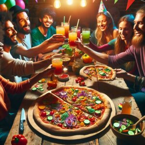 Vegan pizza celebration scene.