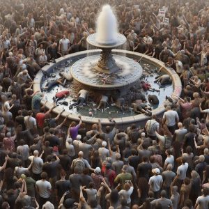 Protesters at vandalized fountain.