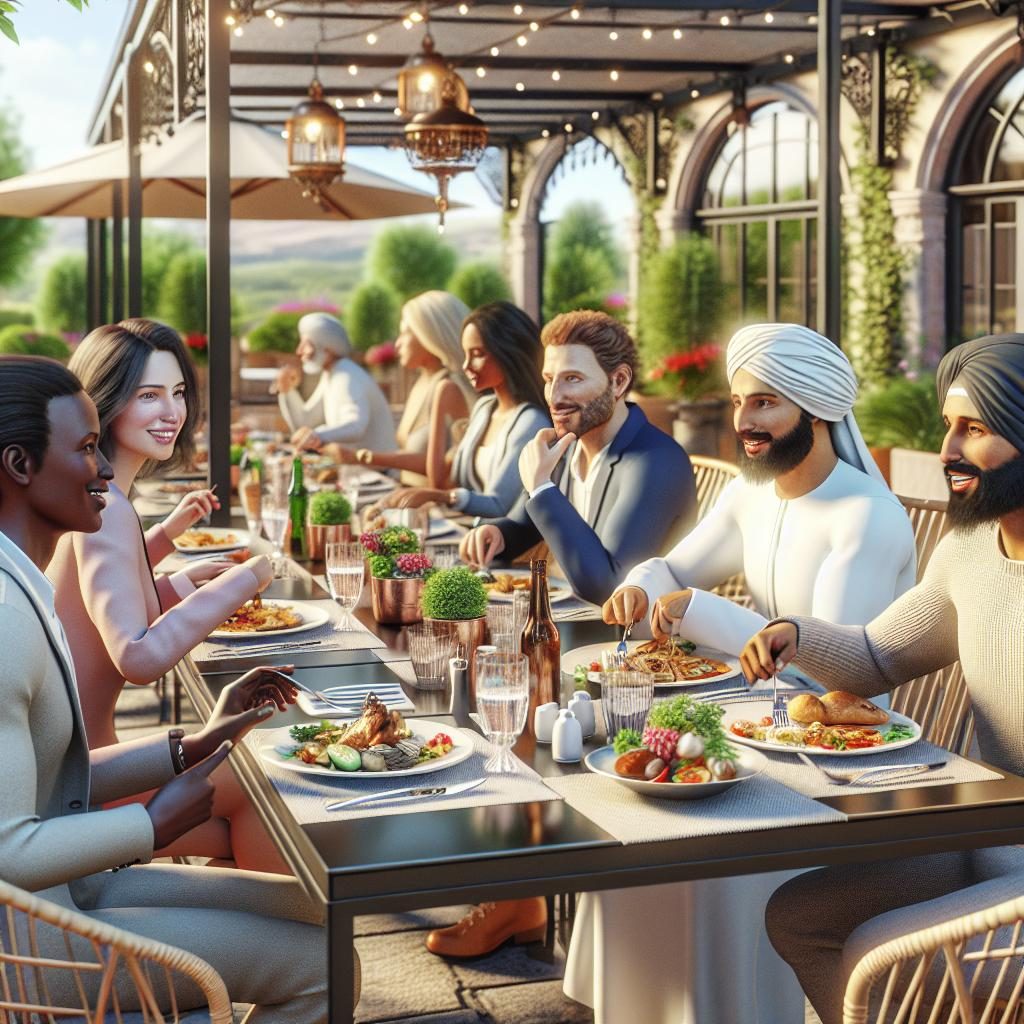 Diverse diners dining outdoors.