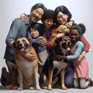 Family embracing rescued dogs