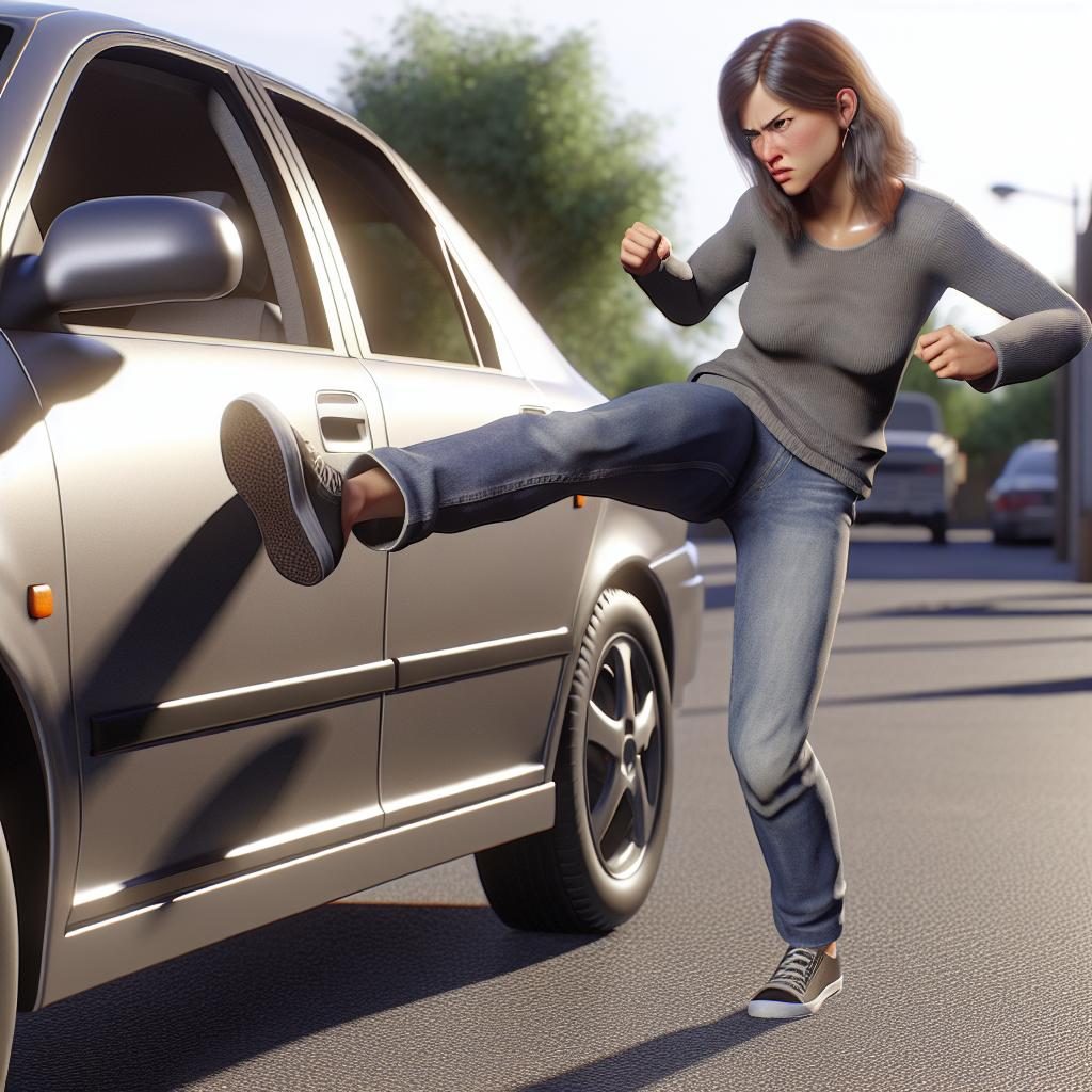 Angry woman kicking car