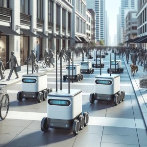 Delivery robots on sidewalk.