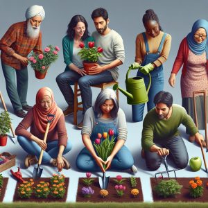 Diverse group gardening together.