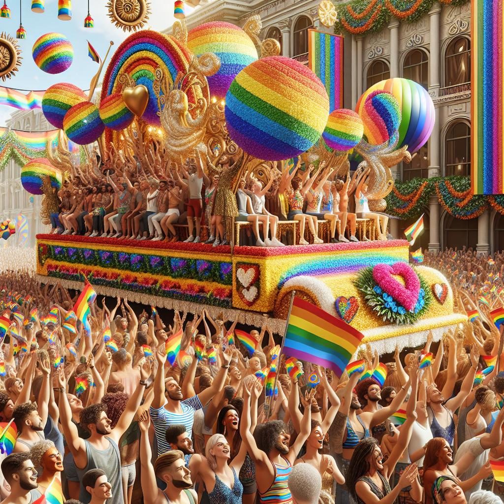 Colorful Pride parade floats.