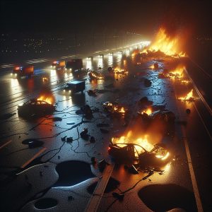 Fiery highway collision aftermath.