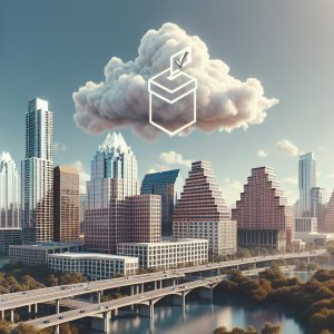 Austin skyline with voting symbol.