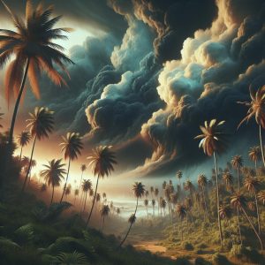 Hawaiian palm trees in storm.