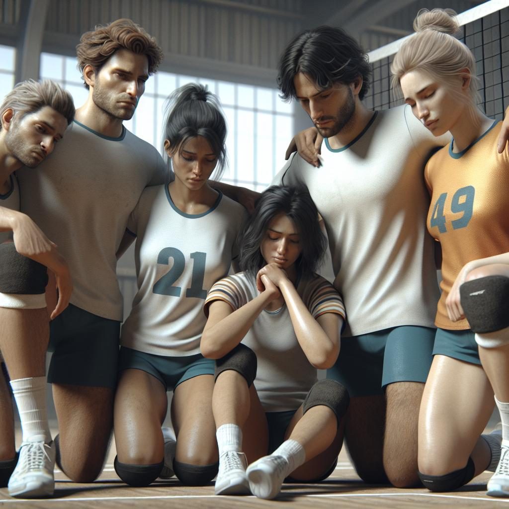 Defeated volleyball team huddle