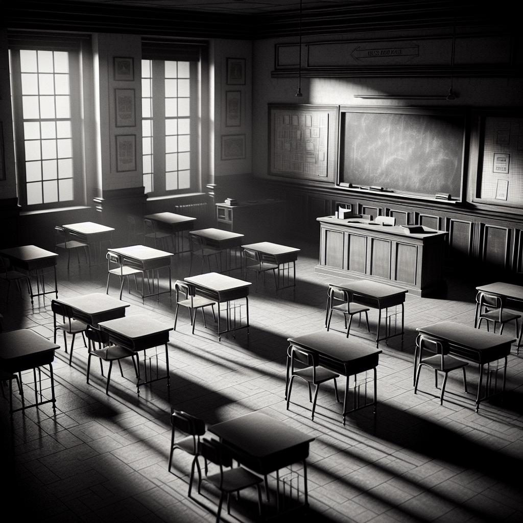 Empty classroom, somber atmosphere