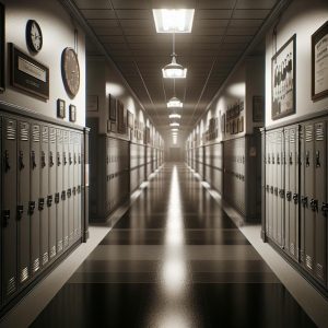 Empty school hallway mourning