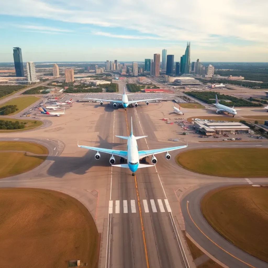 Aerial view of Austin airport with airplanes and skyline