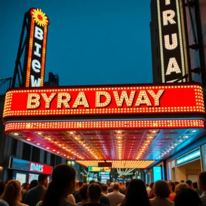 Broadway theater scene in Austin showcasing lights and audience anticipation