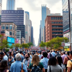 A diverse urban community discussing progressive issues.