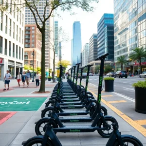 E-scooters parked in designated areas in Austin urban setting