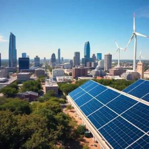 Cityscape of Austin featuring renewable energy sources.