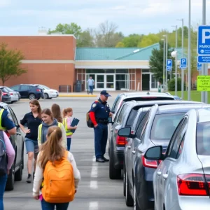 Parking lot at Austin High School with students and police presence