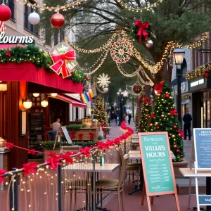 Christmas decorations in Austin with shops and restaurants