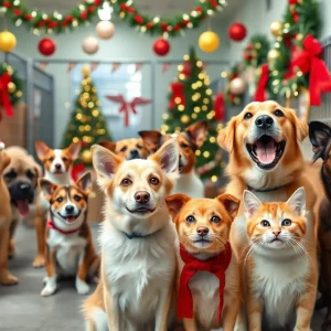 Dogs and cats at a shelter decorated for the holidays, ready for adoption.