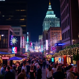 Cityscape of Austin illuminated for New Year’s Eve 2024 celebrations with people enjoying various events.