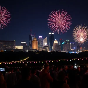 Celebrants enjoying New Year's Eve in Austin with fireworks in the background.