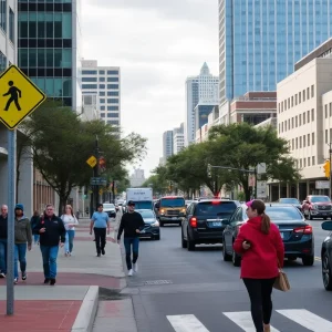 Urban street in Austin highlighting pedestrian areas and traffic safety.